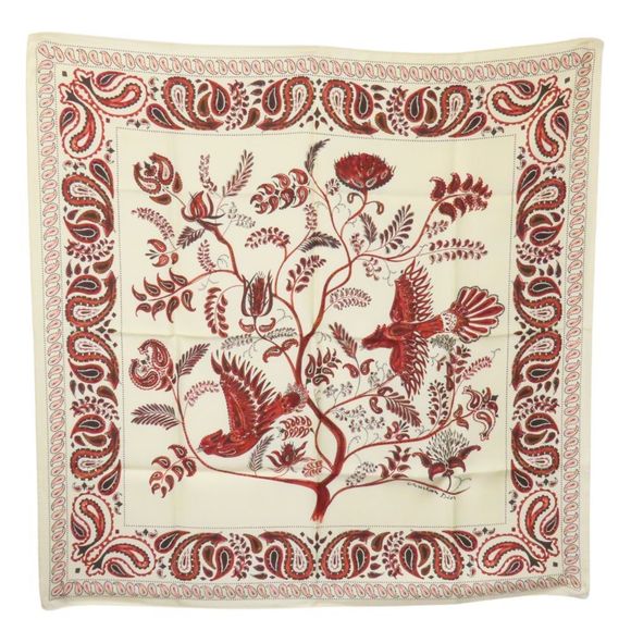 Christian Dior Scarf/Muffler Silk White Red Paisley Bird Large Women's - Picture 1 of 10